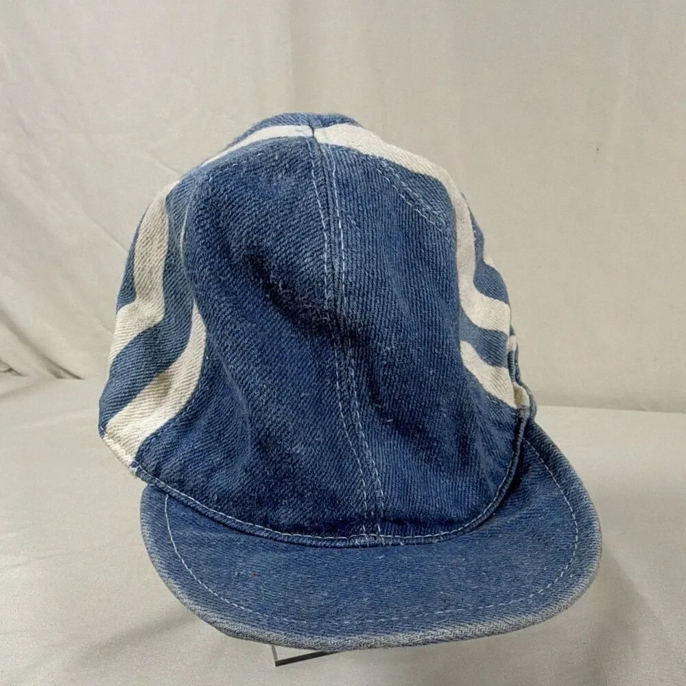 Childrens Blue Denim White Stripe Elastic Back Baseball Hat - Vintage